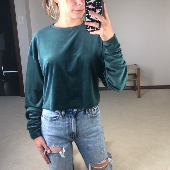 Wild Fable: Velvet Cropped Teal Crewneck - Picture 1 of 5